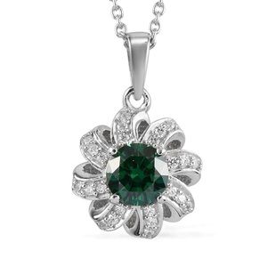 Green & White Finest CZ Floral Pendant Necklace in Sterling Silver